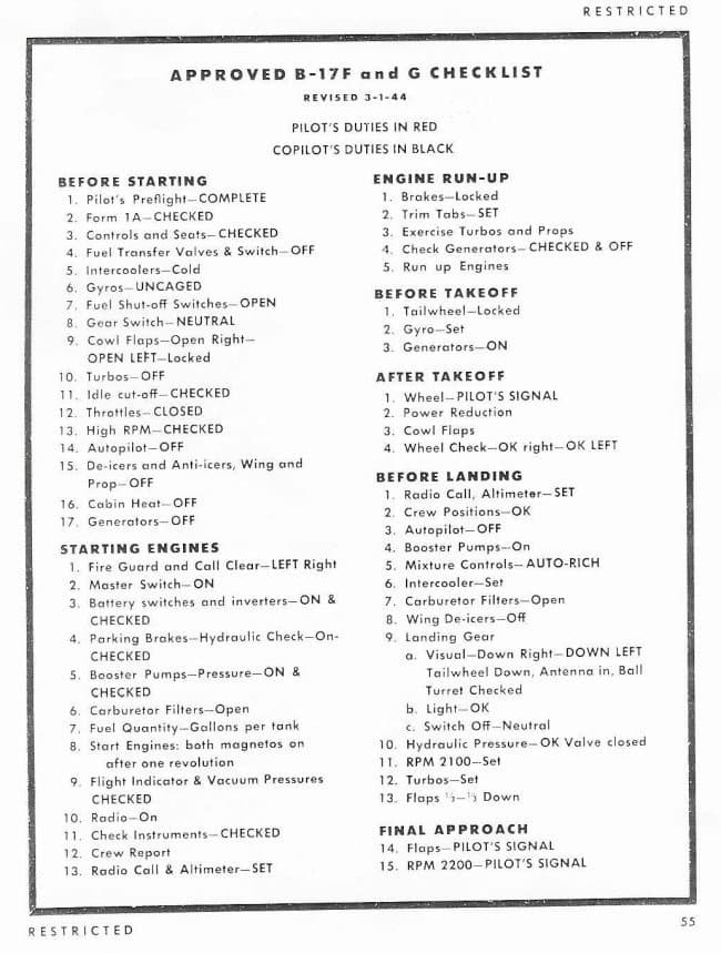 Page 55 of the B-17 pilot training manual: the Approved B-17F and G Checklist, revised 1 March 1944, listing numbered steps from Before Starting to Final Approach